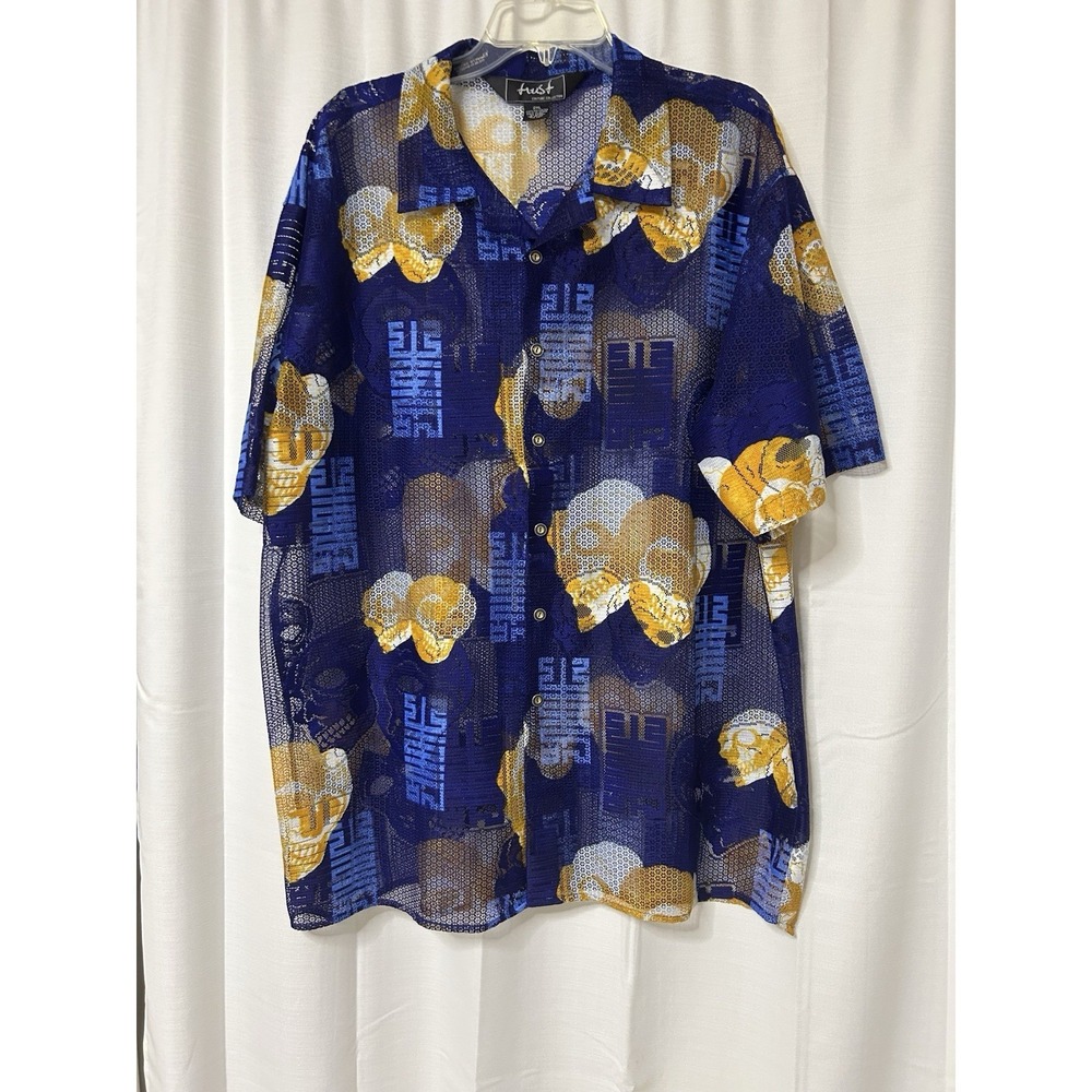 Vintage Shirt TRUST COUTURE MENs SEMISHEER Screen Net Blue Skull Print XXL